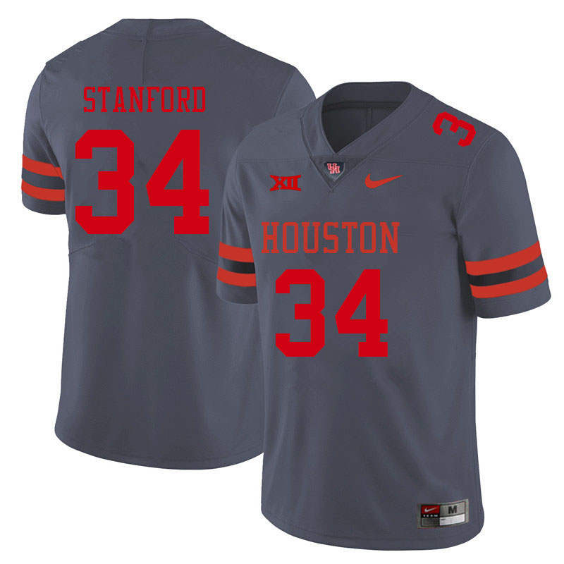 Men #34 Jalyn Stanford Houston Cougars College Big 12 Conference Football Jerseys Sale-Gray